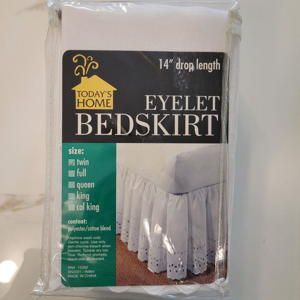 Today's Home White Eyelet Bed Ruffle/Skirt 14" Drop Twin Size NEW in Pkg